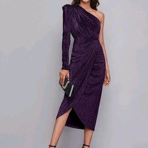 Purple one shoulder wrap hem dress